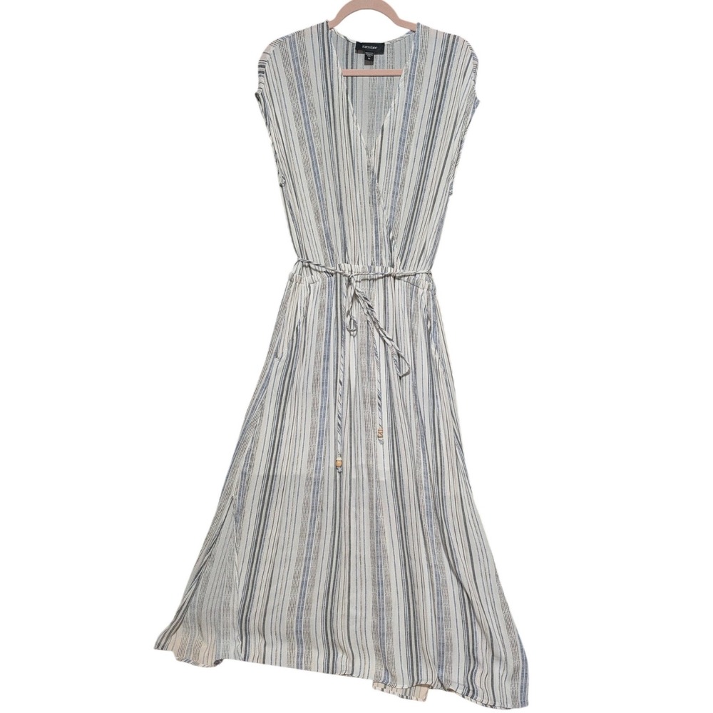 Karen Kane Womens Blue Striped Rayon Sleeveless Maxi Dress V-Neck‎ Tie Waist Med